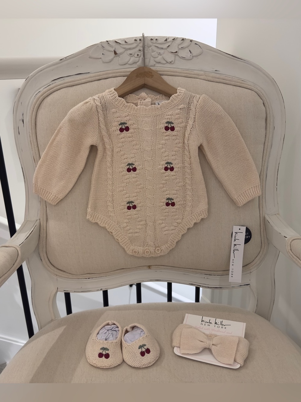 6~9 Mth 100% Cotton Cream Cable Knit Cherry-Embroidered One-Piece Set NWT